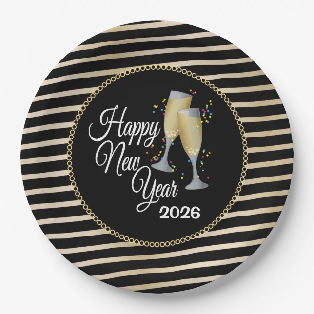 Happy New Year Black & Gold, Champagne Pappteller (Vorderseite)