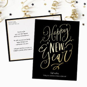 Happy New Year Black Gold Script Modernes Business Folien Feiertagspostkarte