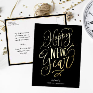 Happy New Year Black Gold Script Modernes Non-Foto Folien Feiertagspostkarte
