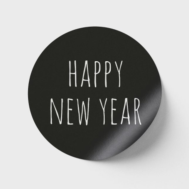 Happy New Year | Black Modern Minimalistisch Holid Runder Aufkleber (Von Creator hochgeladen)