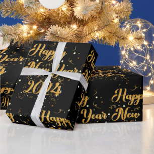 Happy New Year Black Wrapping Paper Geschenkpapier