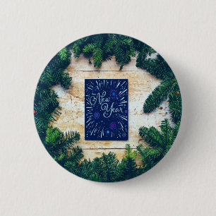 Happy New Year Blue and Green Pine Button