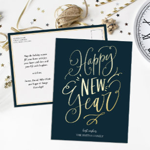 Happy New Year Blue Gold Script Modernes Non-Foto Folien Feiertagspostkarte