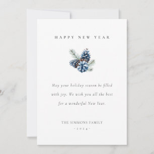 Happy New Year Blue Pinecones Flat Card Einladung