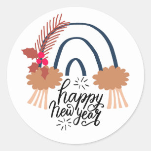 Happy New Year Boho Rainbow Runder Aufkleber