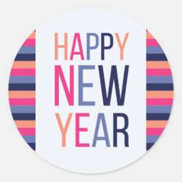 Happy New Year Bright Stripe Runder Aufkleber