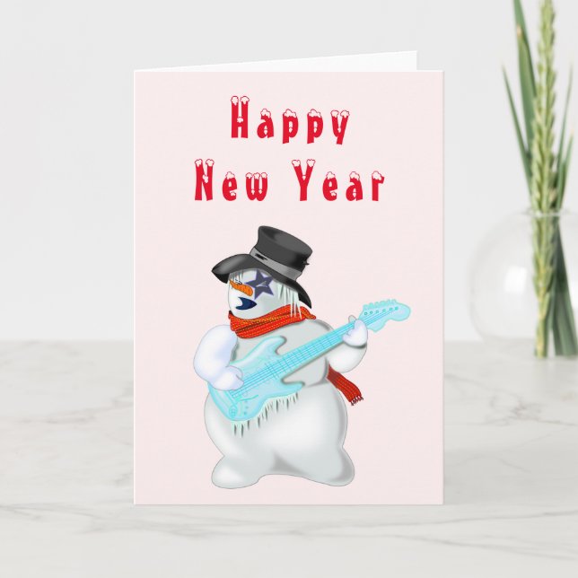 Happy New Year Card Snowman Gitarre Player Musical Karte (Vorderseite)