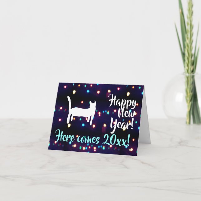 Happy New Year Cat 20xx Holiday Lights Cards Dankeskarte (Vorderseite)