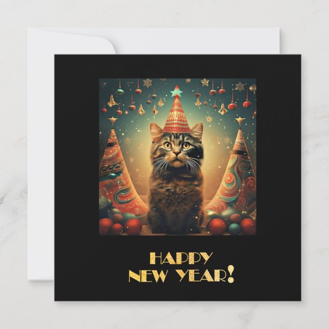 Happy New Year Cat Feiertagskarte (Vorderseite)