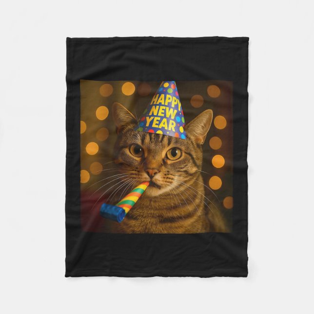 Happy New Year Cat Funny Party Hat Feline Meme Cel Fleecedecke (Vorderseite)