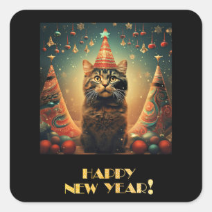 Happy New Year Cat Quadratischer Aufkleber