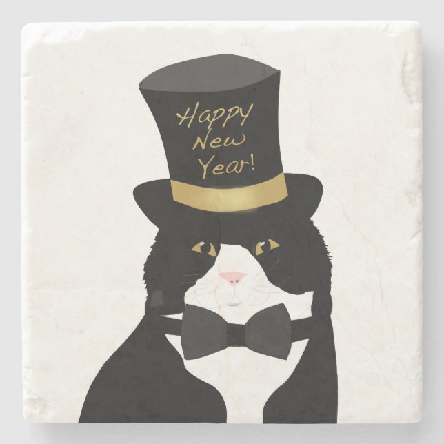 Happy New Year Cat Stone Untersetzer (Vorderseite)