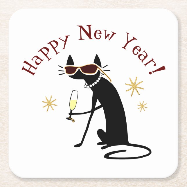 Happy New Year Cat with Champagne Rechteckiger Pappuntersetzer (Vorderseite)