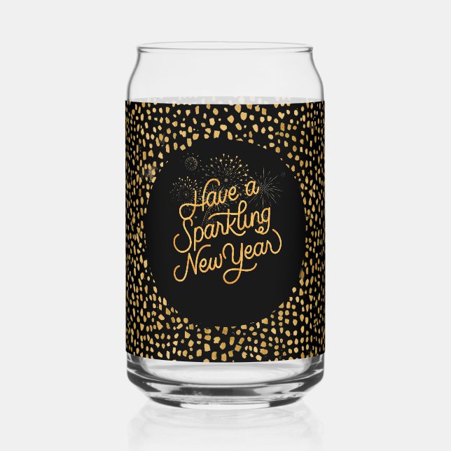 Happy New Year Celebrate,Gold Pixels Pattern,Black Dosenglas (Vorderseite)