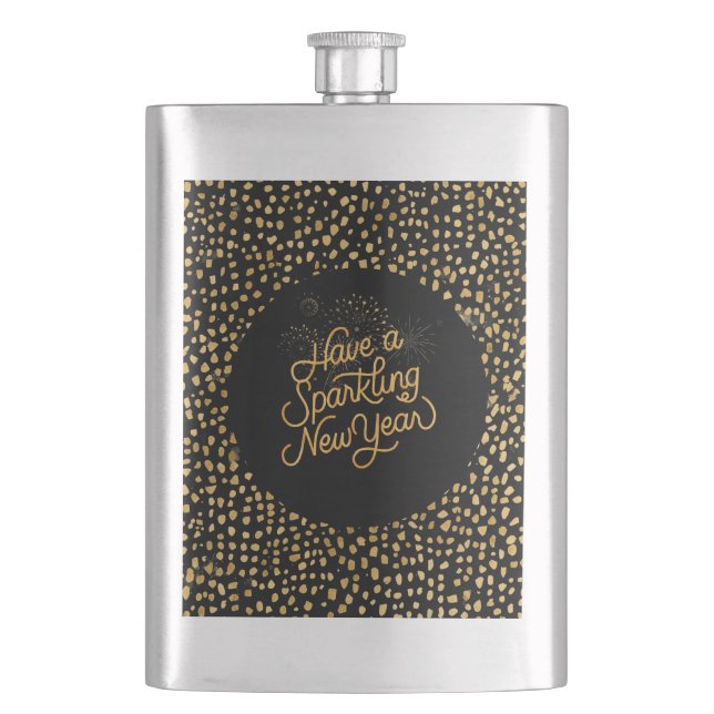 Happy New Year Celebrate,Gold Pixels Pattern,Black Flachmann (Vorderseite)