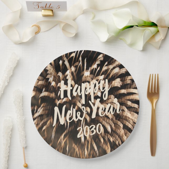 Happy New Year Celebration Firework Gold Foto Pappteller (Hochzeit)