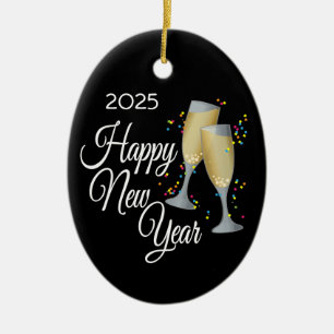 Happy New Year Champagne Brillen Keramikornament