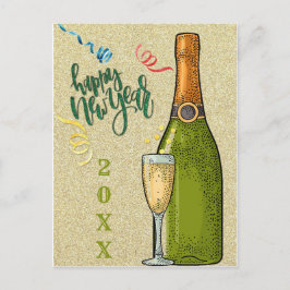 Happy New Year Champagne Gold Glitzer Postkarte