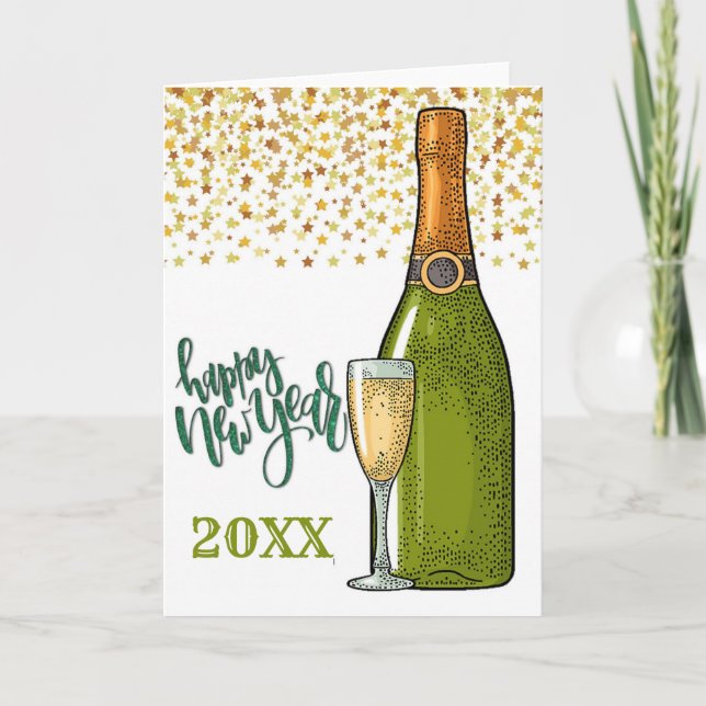 Happy New Year Champagne und Gold Stars Karte (Vorderseite)