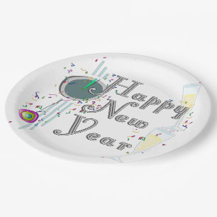 Happy New Year - Champagnerbrille und Uhr Pappteller