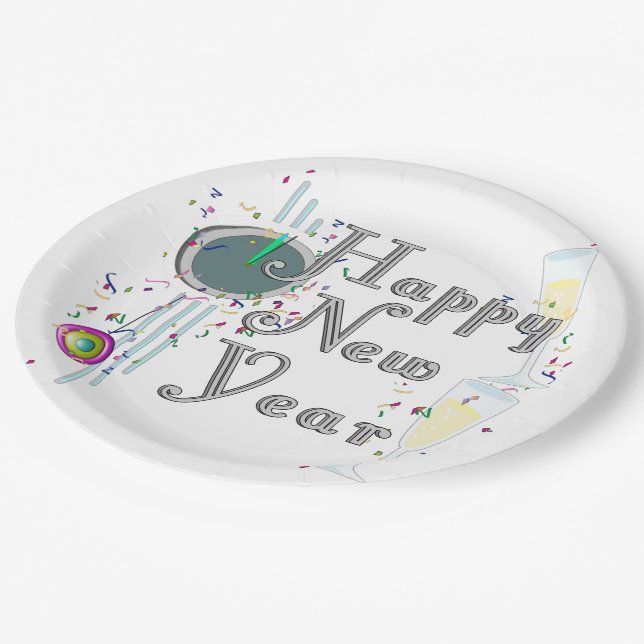 Happy New Year - Champagnerbrille und Uhr Pappteller (Schrägansicht)