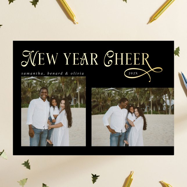 Happy New Year Cheer Modern Family  Photo Collage Folien Feiertagskarte (Von Creator hochgeladen)