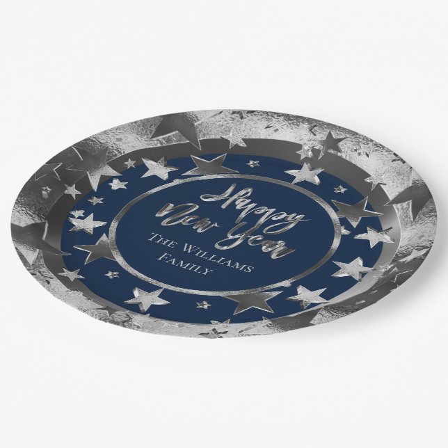 Happy New Year Chic Blue Silver Gray Stars Muster Pappteller (Schrägansicht)