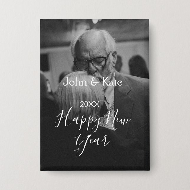 Happy new year couple photo name year black white  button (Vorderseite)