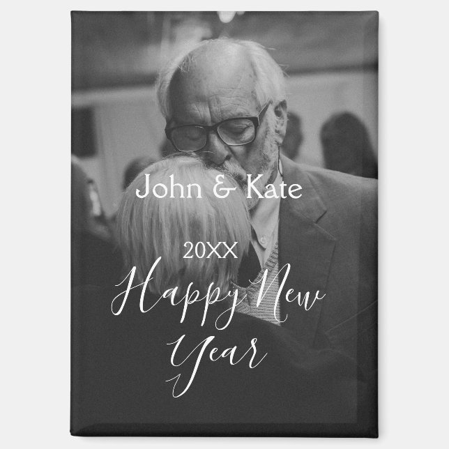 Happy new year couple photo name year black white  magnet (Vorderseite)