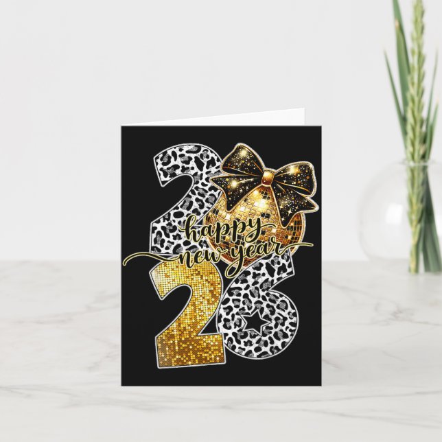 Happy New Year Cute Gold Disco Ball Bow New Year's Karte (Vorderseite)