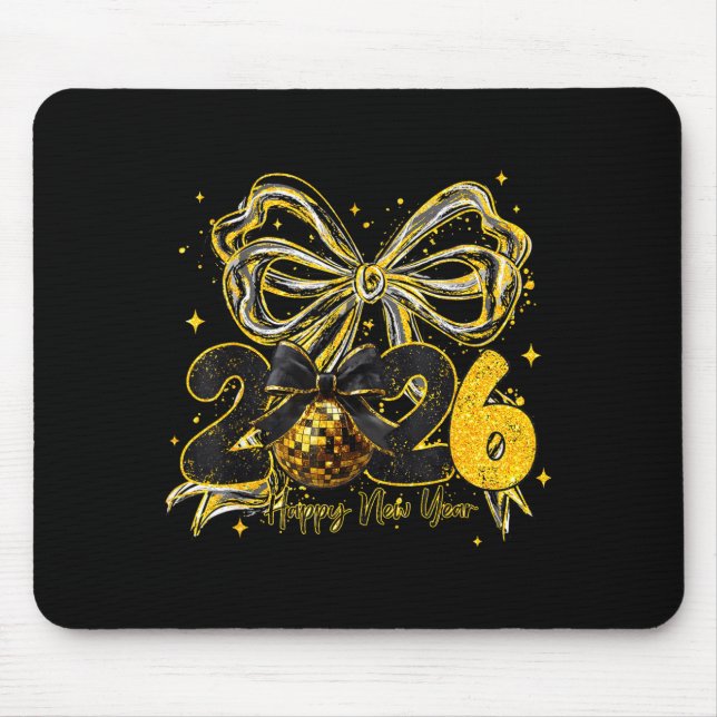 Happy New Year Cute Gold Disco Ball Bow New Year's Mousepad (Vorne)