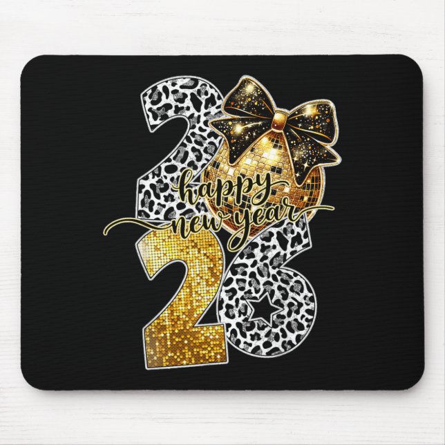 Happy New Year Cute Gold Disco Ball Bow New Year's Mousepad (Vorne)