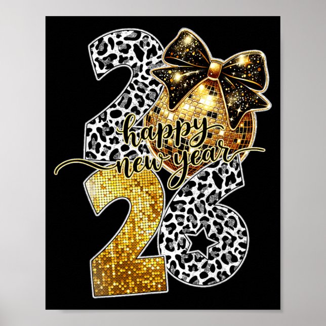 Happy New Year Cute Gold Disco Ball Bow New Year's Poster (Vorne)