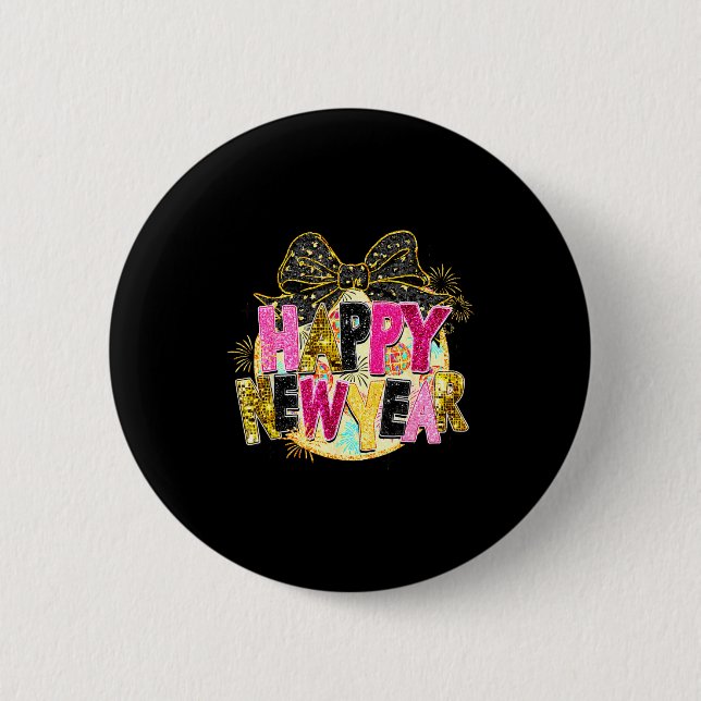 Happy New Year Disco Ball Coquette Bow New Years E Button (Vorderseite)