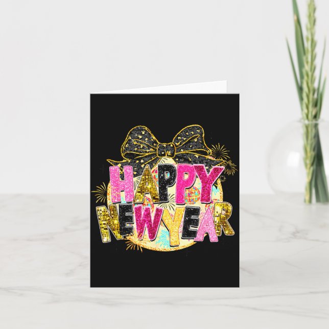 Happy New Year Disco Ball Coquette Bow New Years E Karte (Vorderseite)