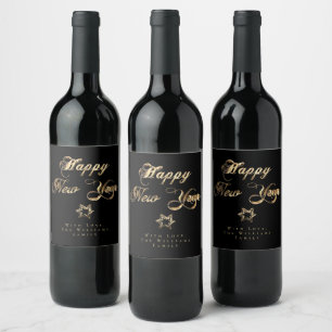 Happy New Year Elegante Black and Gold Stars Weinetikett