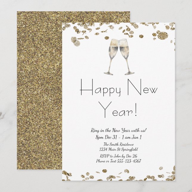 Happy New Year Elegante Gold Glitzer und White Einladung (Vorne/Hinten)
