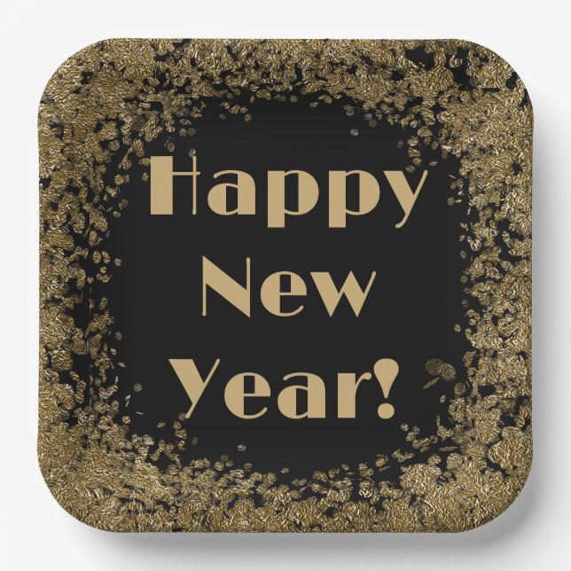 Happy New Year Elegante Gold und Black Glitzer Pappteller (Vorderseite)