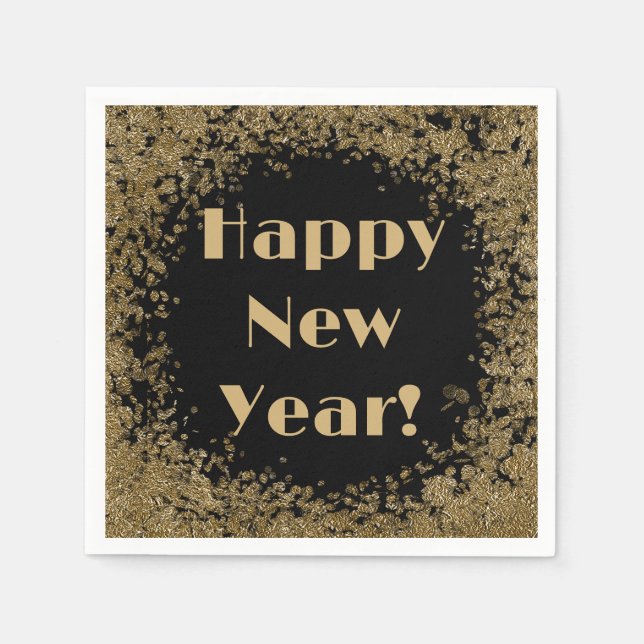 Happy New Year Elegante Gold und Black Glitzer Serviette (Vorderseite)