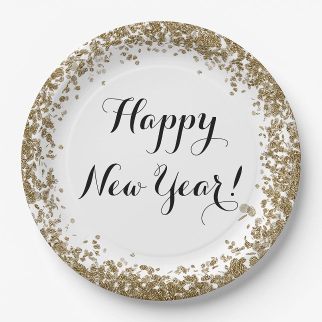 Happy New Year Elegante Gold und Weiß Pappteller (Vorderseite)