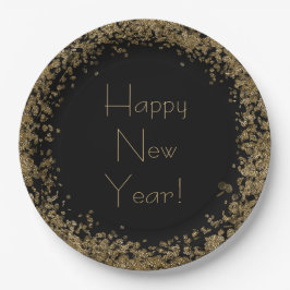 Happy New Year Eleganter Black and Gold Glitzer Pappteller