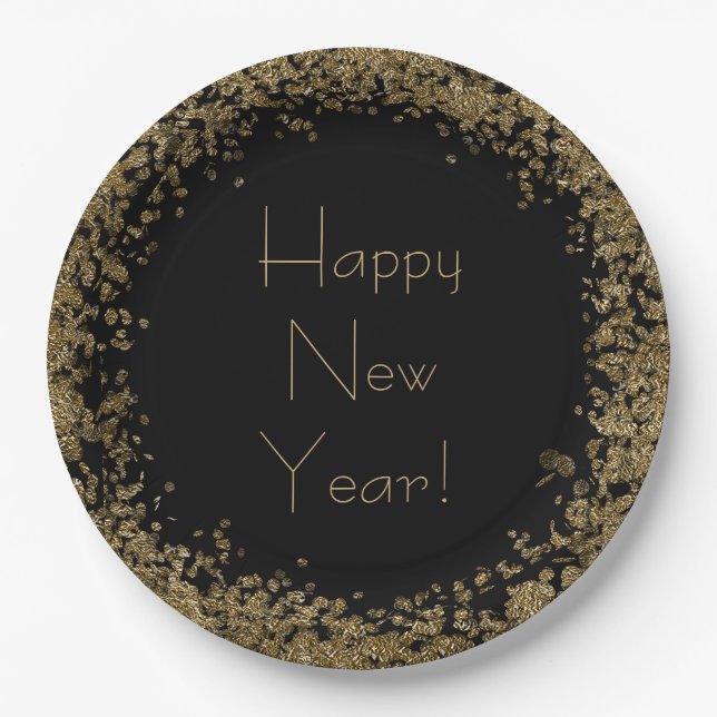 Happy New Year Eleganter Black and Gold Glitzer Pappteller (Vorderseite)