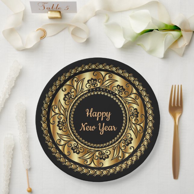 Happy New Year, elegantes Schwarz und Gold, Pappteller (Hochzeit)
