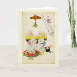 Happy New Year Extravagant White Cat Vintag Karte