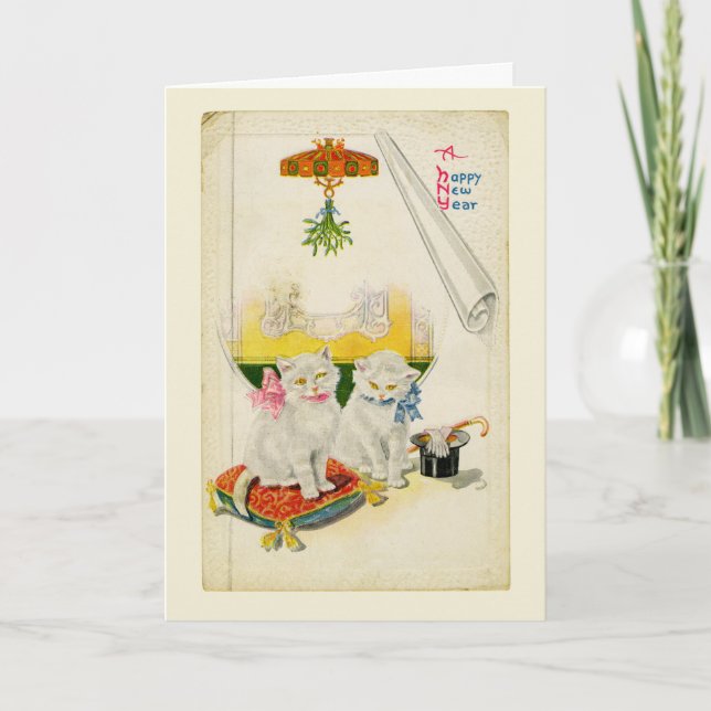 Happy New Year Extravagant White Cat Vintag Karte (Vorderseite)