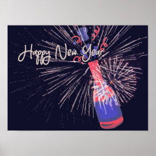 Happy New Year Fireworks Champagne Poster