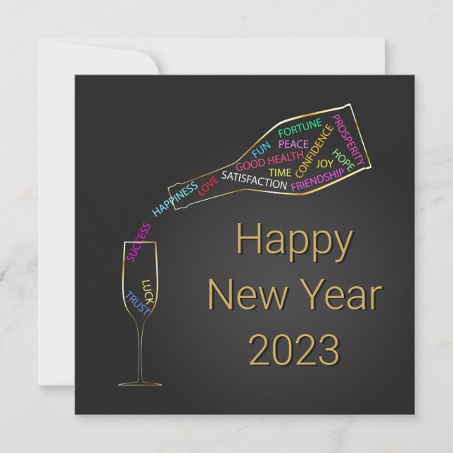 Happy New Year Flasche Glas farbenfrohe Motivation Einladung (Vorderseite)