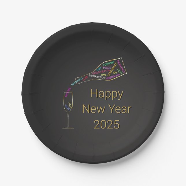 Happy New Year Flasche Glas farbenfrohe Motivation Pappteller (Vorderseite)