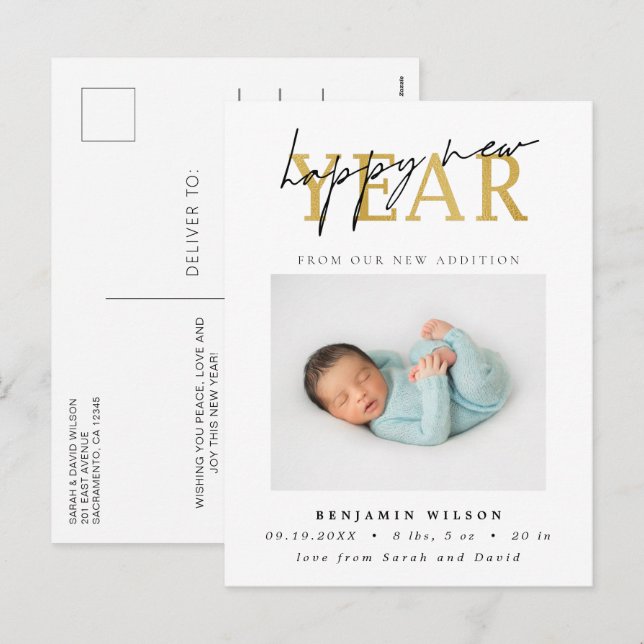 Happy New Year Foto Birth Feiertagspostkarte (Vorne/Hinten)