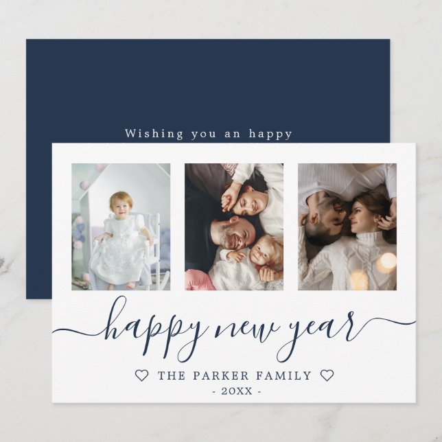 Happy New Year Foto Collage Blue Card Ankündigung (Vorne/Hinten)
